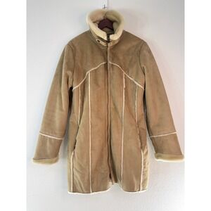 Vintage Y2K Big Chill Faux Suede Car Coat Boho Tan Faux Fur Trim‎ Fall Winter